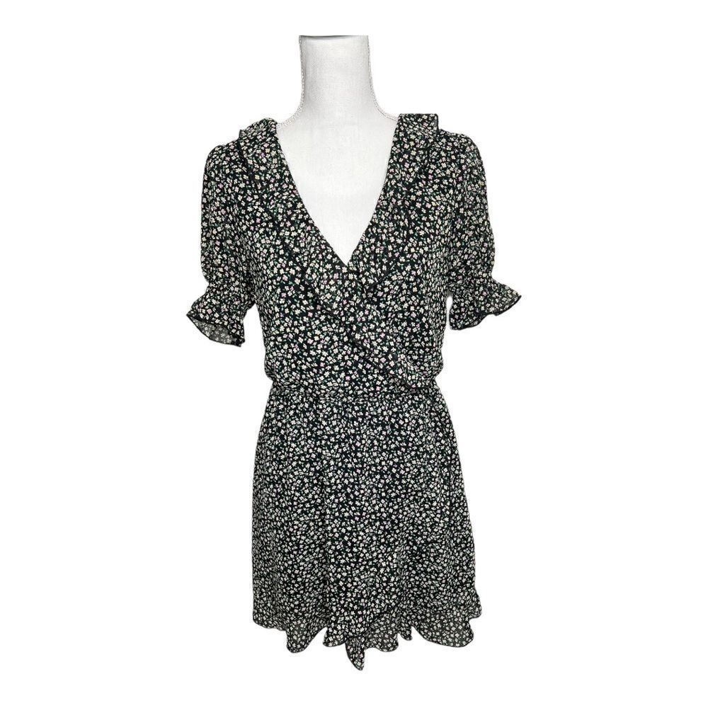 DIVIDED Black Flower Print faux Wrap Dress. Size Medium